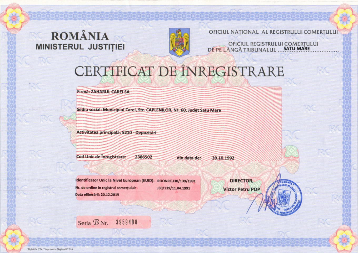 Image of certificate Sana Ra certificate of registration